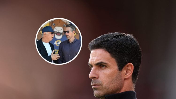 Arsenal manager Mikel Arteta with inset of Stan Kroenke and Josh Kroenke