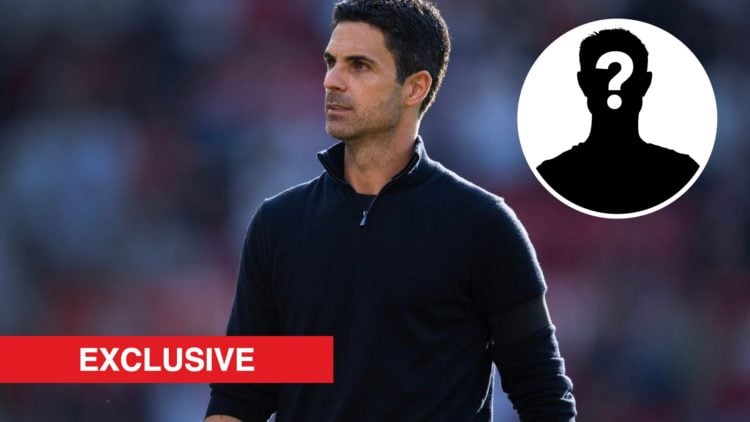 Arsenal manager Mikel Arteta during the Premier League match between Manchester United and Arsenal, with mystery player inset and Arsenal Insider E...