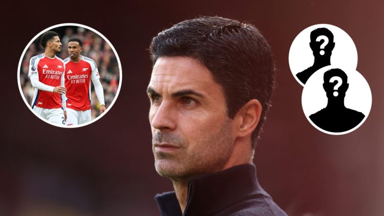 Mikel Arteta, Manager of Arsenal, looks on prior to the Premier League match between Liverpool and Arsenal at Anfield, with overlay of William Sali...