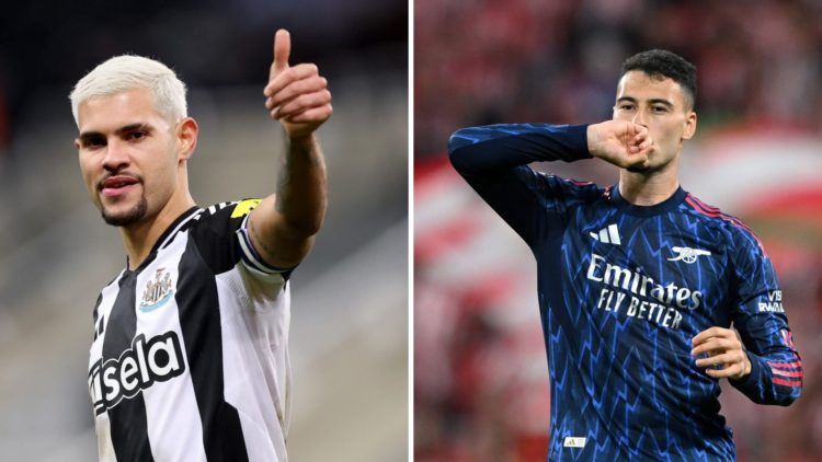 Split image of (L) Bruno Guimaraes giving a thumbs up during a Newcastle game and (R) Gabriel Martinelli celebrating after scoring for Arsenal