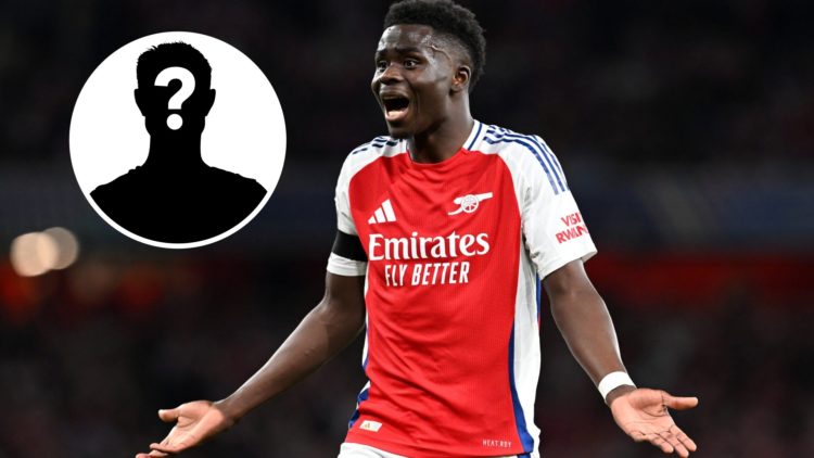 Bukayo Saka of Arsenal reacts after he was adjudged to have fouled Nuno Mendes of Paris Saint-Germain (not pictured) during the UEFA Champions Leag...