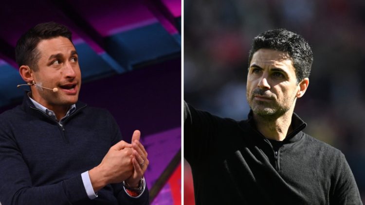 Split image of (L) David Ornstein speaking at an event and (R) Mikel Arteta acknowledging the Arsenal fans after a game