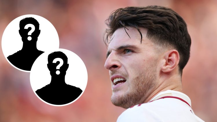 Image of Declan Rice looking on during an Arsenal game with insets of two mystery players