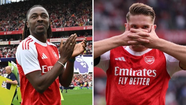 A split image featuring Arsenal's unveiling of new signing Eberechi Eze alongside Viktor Gyokeres and his celebration