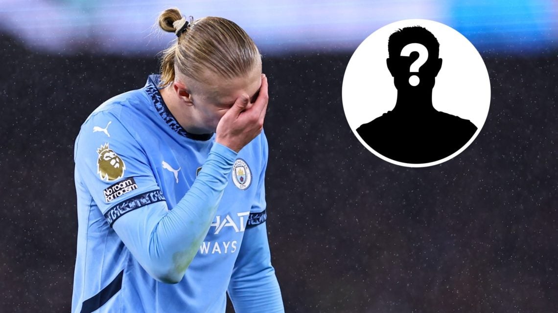 Erling Haaland of Manchester City reacts during the Premier League match between Manchester City FC and Tottenham Hotspur FC, with mystery player i...