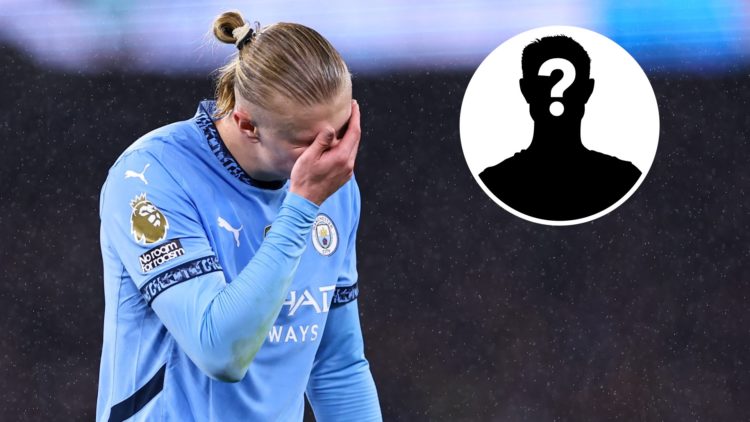 Erling Haaland of Manchester City reacts during the Premier League match between Manchester City FC and Tottenham Hotspur FC, with mystery player i...