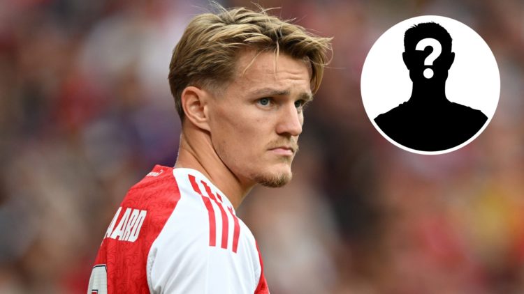 Martin Odegaard of Arsenal looks on during the pre-season friendly match between Arsenal and Villarreal at Emirates Stadium, with mystery player in...