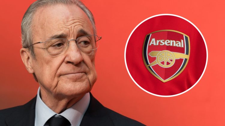 Image of Real Madrid president Florentino Perez looking on, with an inset of the Arsenal badge