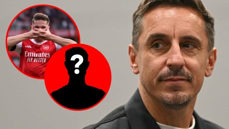 A split image featuring Gary Neville looking on alongside an inset of Viktor Gyokeres celebrating for Arsenal