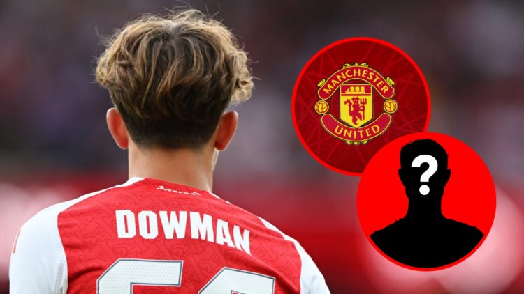 Max Dowman during the pre-season friendly match between Arsenal and Villarreal, inset, A detailed view of the badge of Manchester United during the...
