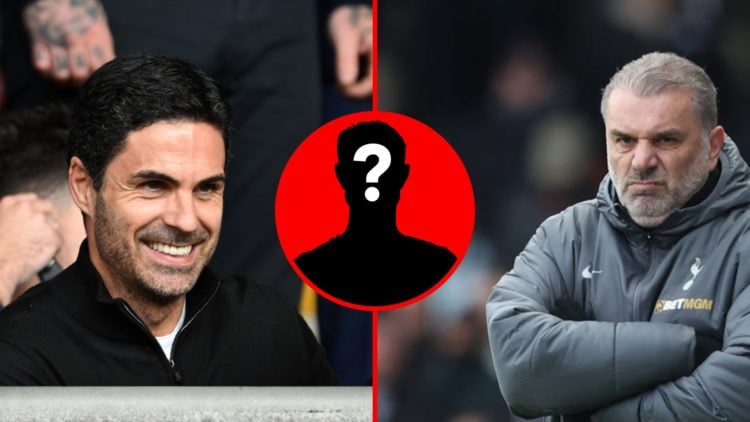 Split image of (L) Mikel Arteta smiles during an Arsenal match and (R) Ex-Tottenham manager Ange Postecoglou during Fulham vs Tottenham Hotspur.