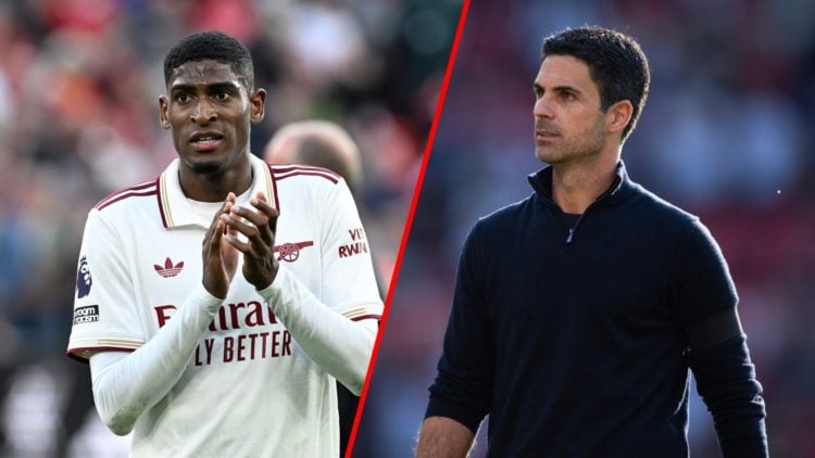 Split image of (L) Cristhian Mosquera after Liverpool vs Arsenal and (R) Mikel Arteta during Manchester United vs Arsenal.