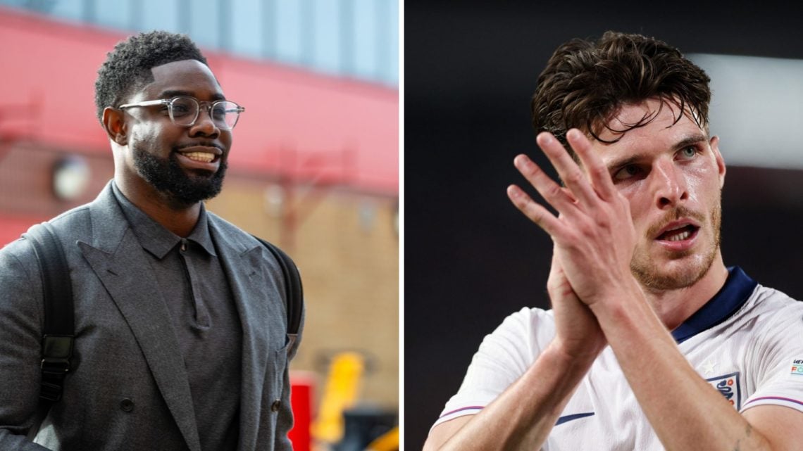 Split image of Micah Richards arriving before Manchester United v Manchester City, Declan Rice applauds the fans after England v Serbia in the FIFA...
