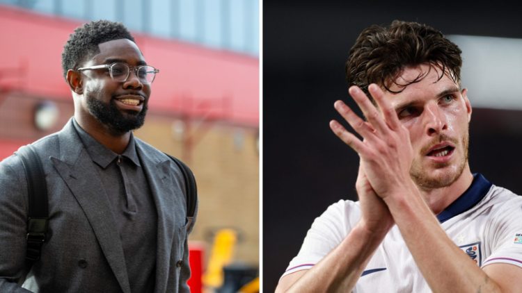 Split image of Micah Richards arriving before Manchester United v Manchester City, Declan Rice applauds the fans after England v Serbia in the FIFA...