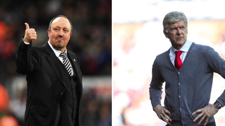 Split image of Rafa Benitez gestures during Newcastle v Huddersfield Town in the Sky Bet Championship clash, Arsene Wenger looks on during Huddersf...