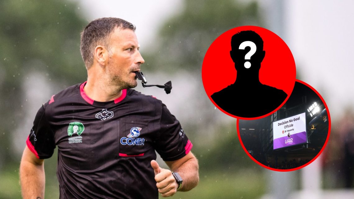 Mark Clattenburg during the CONIFA World Football Cup 2018, inset, the screen showing the no goal VAR decision during Chelsea vs Arsenal.