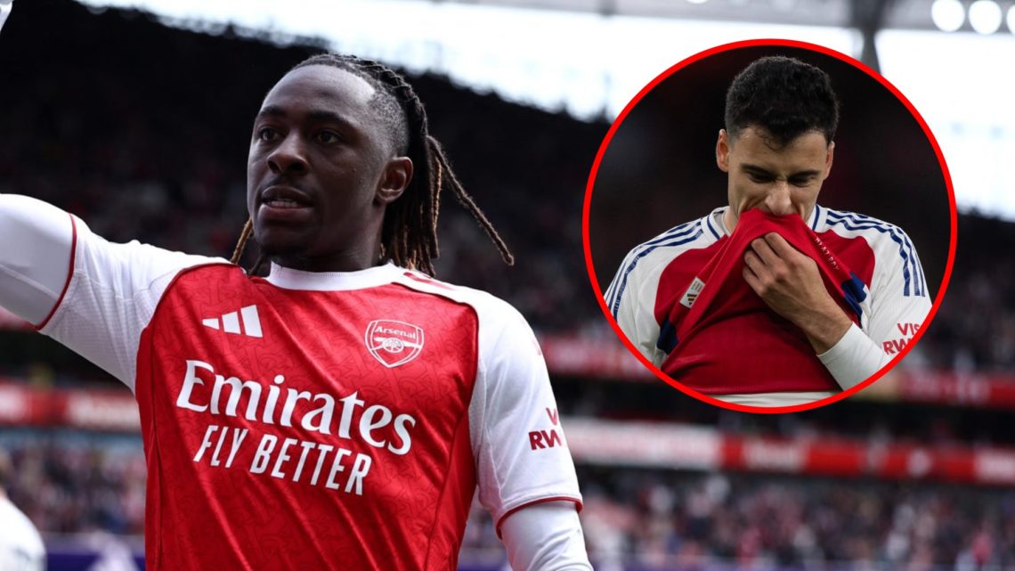Eberechi Eze celebrates during Arsenal vs Nottingham Forest, inset, Gabriel Martinelli during the UEFA Champions League match between Arsenal and S...