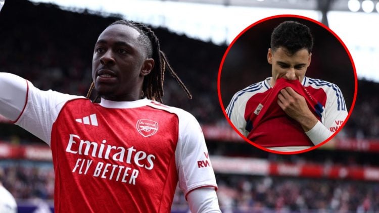 Eberechi Eze celebrates during Arsenal vs Nottingham Forest, inset, Gabriel Martinelli during the UEFA Champions League match between Arsenal and S...