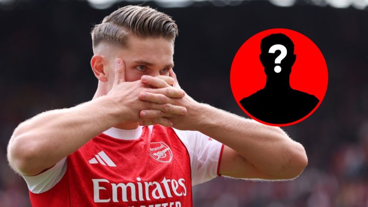 Viktor Gyokeres celebrates for Arsenal against Nottingham Forest, inset, mystery icon.