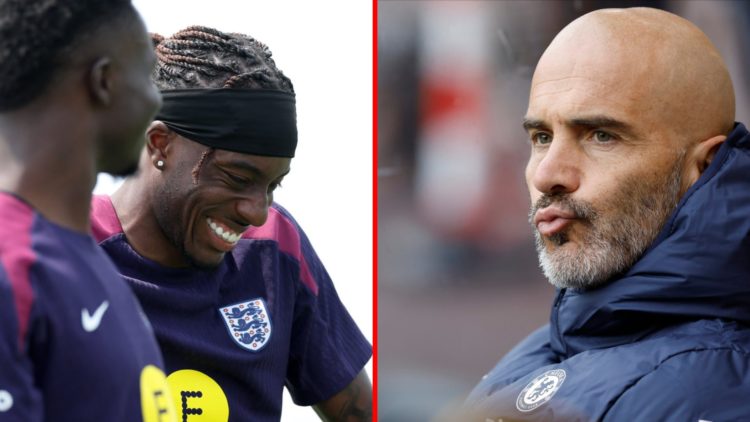 Split image of (L) Noni Madueke and Bukayo Saka during an England training session and (R) Enzo Maresca before the Premier League match between Wol...