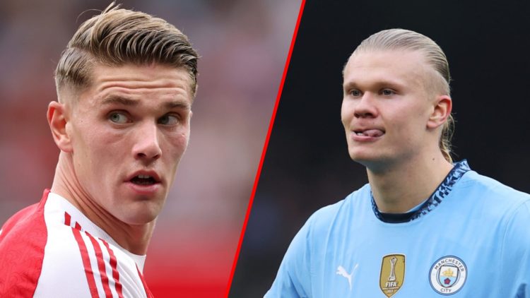 Split image of (L) Viktor Gyökeres during the Premier League match between Arsenal and Leeds United and (R) Erling Haaland during the Premier Leagu...
