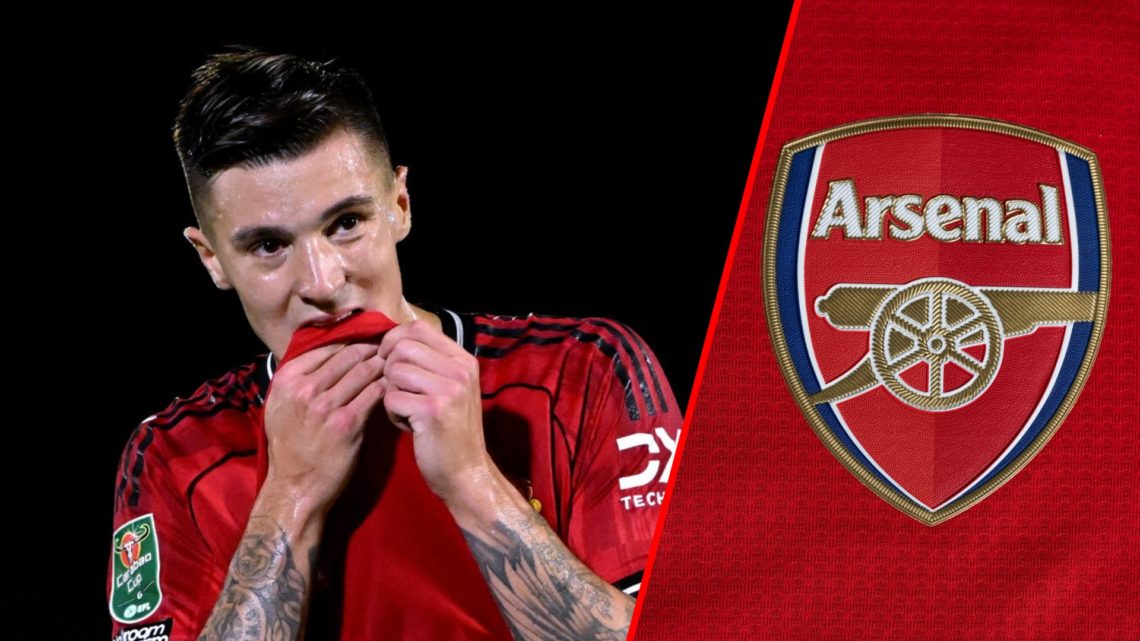 Split image of (L) Benjamin Sesko during the Carabao Cup match between Grimsby Town and Manchester United and (R) A detailed view of the Arsenal ba...