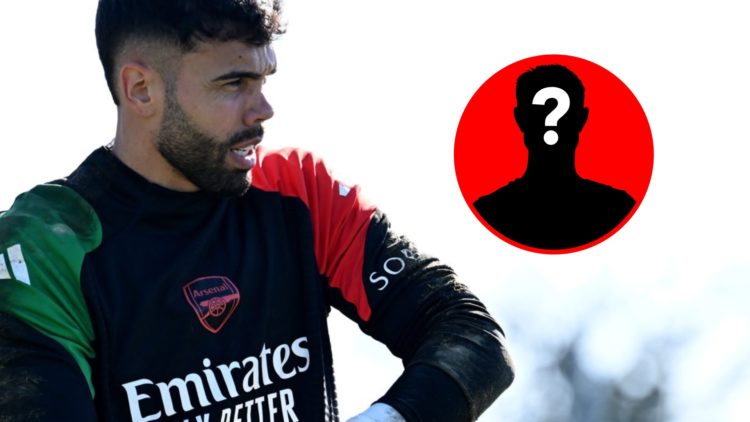 David Raya during a training session before the UEFA Champions League match between PSV Eindhoven and Arsenal, inset, mystery icon.