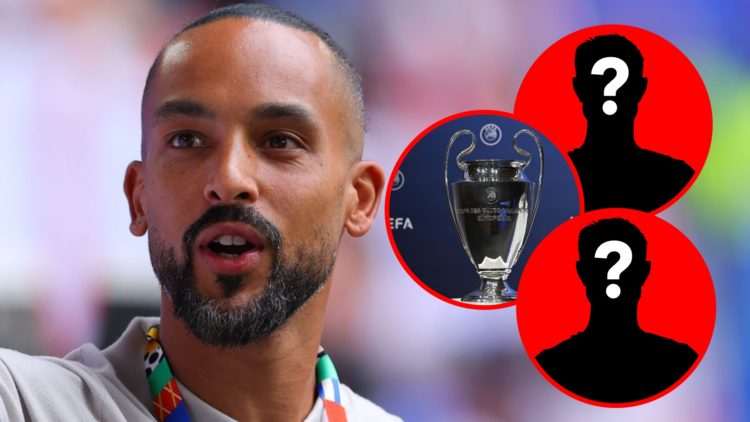Theo Walcott during the EURO 2024 match between England and Switzerland, inset, A view of the Champions League trophy.