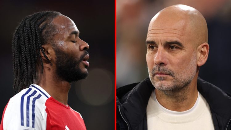 Split image of (L) Raheem Sterling during the UEFA Champions League match between Arsenal and PSV and (R) Pep Guardiola prior to the UEFA Champions...