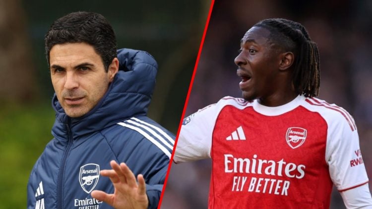 Split image of (L) Mikel Arteta during a training session at Sobha Realty Training Centre and (R) Eberechi Eze during the Premier League match betw...
