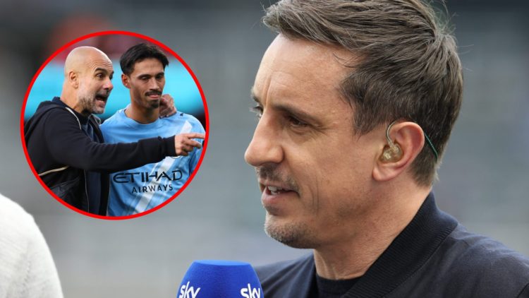 Gary Neville working for Sky Sports before the match between Newcastle United and Arsenal, inset, Pep Guardiola with Tijjani Reijnders during the P...