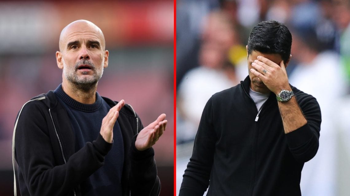 Split image of (L) Pep Guardiola after the Premier League match between Arsenal and Manchester City and (R) Mikel Arteta dejected during the Premie...