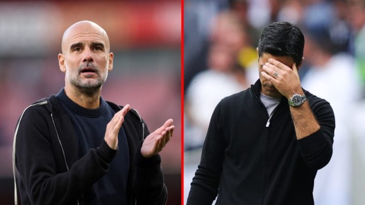 Split image of (L) Pep Guardiola after the Premier League match between Arsenal and Manchester City and (R) Mikel Arteta dejected during the Premie...