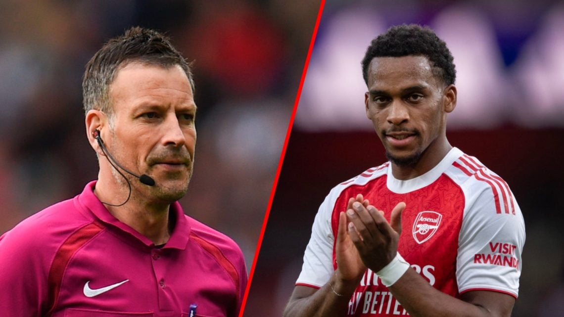 Split image of (L) Former referee Mark Clattenburg during the Premier League match between West Brom and Leicester City and (R) Jurrien Timber afte...
