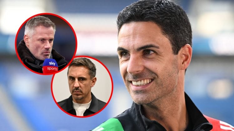 Arsenal manager Mikel Arteta ahead of the Champions League semi-final, inset, Gary Neville prepares to take part in an English Football League pane...