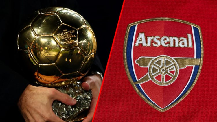Split image of (L) Rodri holding the 2024 Ballon d'Or trophy and (R) A detailed view of the badge of Arsenal during the UEFA Europa League Jerseys ...