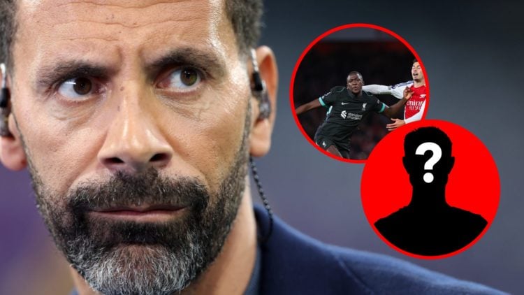 Rio Ferdinand prior to the UEFA Champions League match between Real Madrid and Bayern Munich, inset, Ibrahima Konate and Gabriel Martinelli during ...