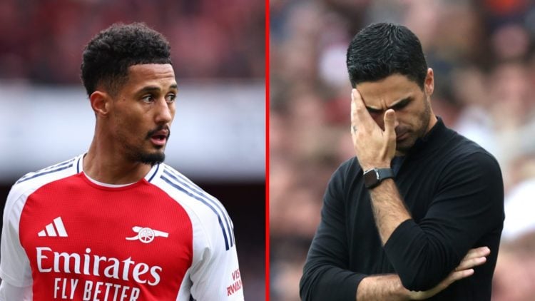 Split image of (L) William Saliba during the Premier League match between Arsenal and Chelsea and (R) Mikel Arteta during the Premier League match ...