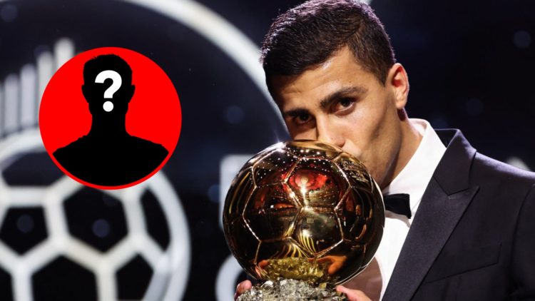 Rodri kisses the Ballon d'Or trophy during the 2024 Ballon d'Or ceremony, inset, mystery icon.