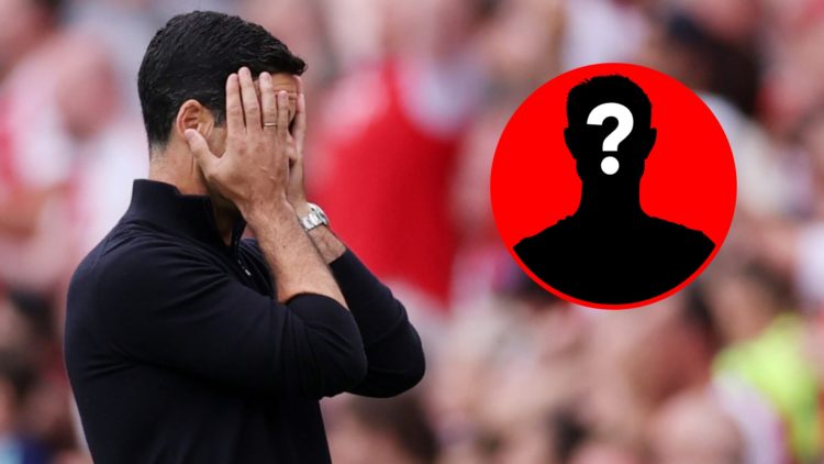 Mikel Arteta during the Premier League match between Arsenal and Leeds United, inset, mystery icon.