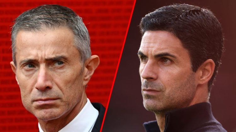 Split image of (L) Arsenal sporting director Andrea Berta prior to the Premier League match between Liverpool and Arsenal and (R) Mikel Arteta prio...