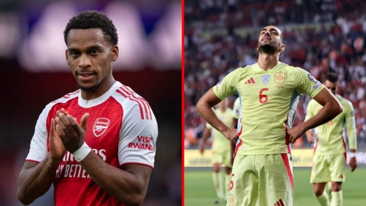 Split image of (L) Jurrien Timber after the pre-season match between Arsenal and Villarreal and (R) Mikel Merino celebrates scoring during the FIFA...
