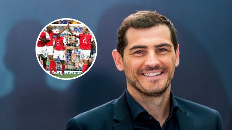 Iker Casillas with inset of Arsenal legends Thierry Henry and Dennis Bergkamp