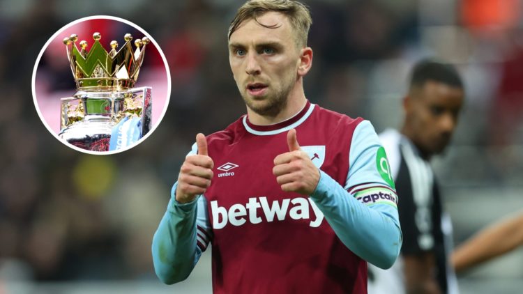Jarrod Bowen of West Ham United signalling thumbs up during the Premier League match between Newcastle United FC and West Ham United, with overlay ...