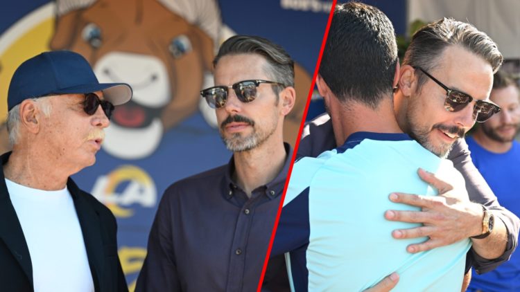 Split image of (L) Stan and Josh Kroenke at the Los Angeles Rams Training Camp and (R) Josh Kroenke with Arsenal manager Mikel Arteta.