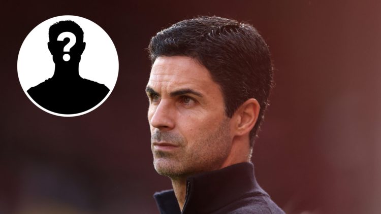 Mikel Arteta, Manager of Arsenal, looks on prior to the Premier League match between Liverpool and Arsenal at Anfield, with mystery player inset.