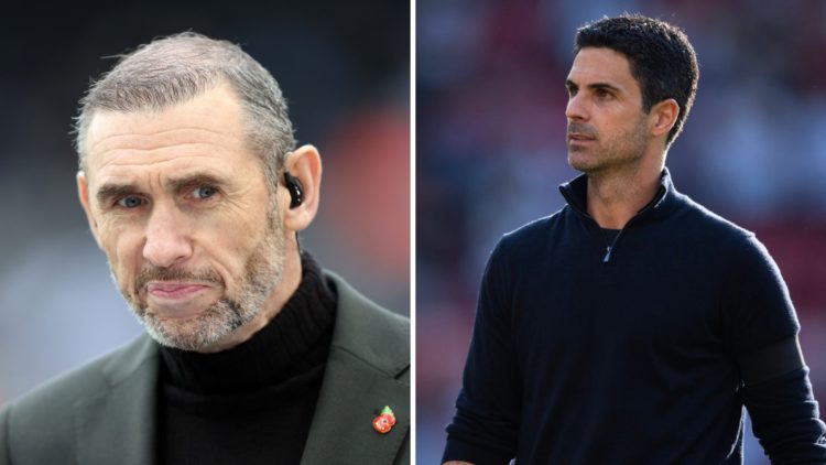 Martin Keown looks on prior to the Premier League match between Newcastle United FC and Arsenal FC (L), Arsenal manager Mikel Arteta during the Pre...
