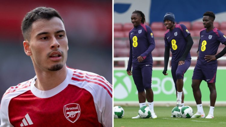Gabriel Martinelli of Arsenal in action during the pre-season friendly match between Arsenal and Villarreal at Emirates Stadium (L), Eberechi Eze, ...