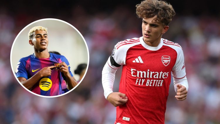 An image featuring Max Dowman looking on for Arsenal alongside an inset of Barcelona star Lamine Yamal