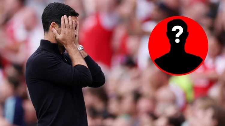 Mikel Arteta reacts during an Arsenal game alongside a mystery player inset